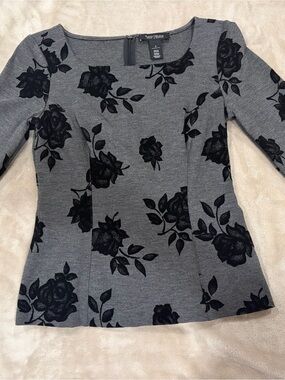 White House/Black Market Grey Ponte with black velvet roses 3/4 sleeve size 0